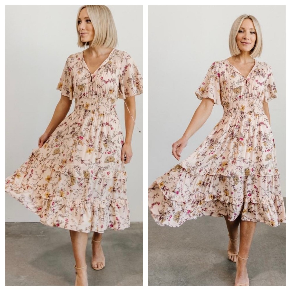 Baltic Born Spell Boho Midi Dress Blush Floral Sz L Flutter Sleeve Tiered Ruffle